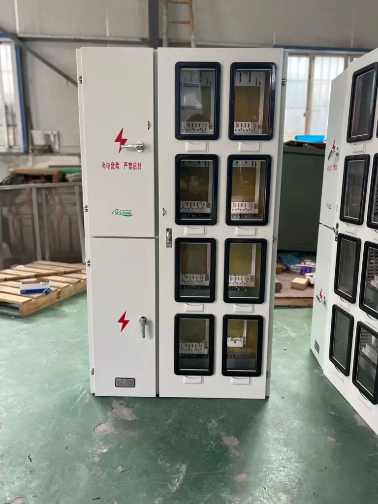 outdoor electrical metering cabinet with multiple meter windows and double door distribution enclosure