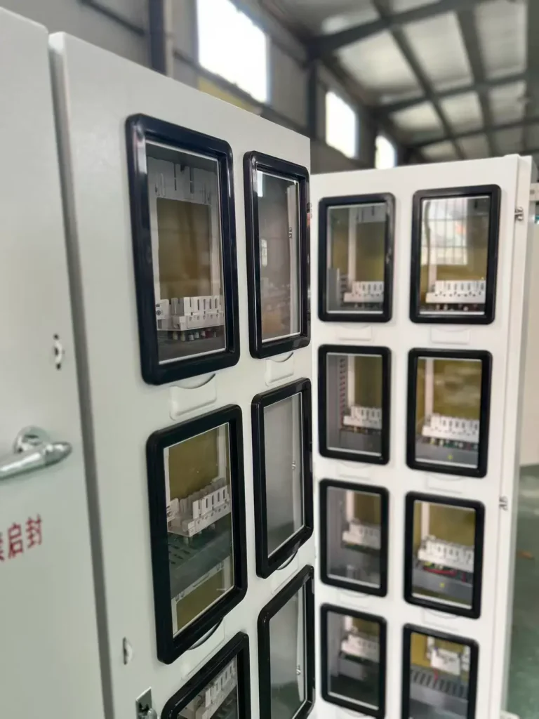 multi user electrical meter panel with individual viewing windows and DIN rail circuit breakers