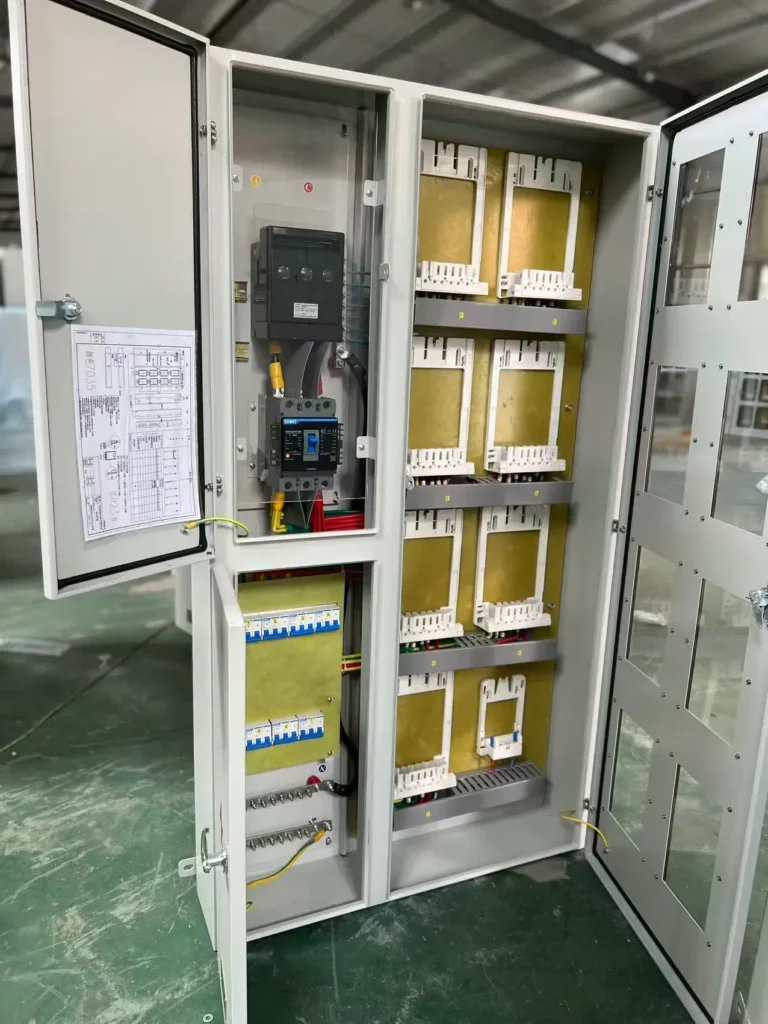 internal layout of electrical distribution cabinet with organized wiring DIN rail and circuit breakers
