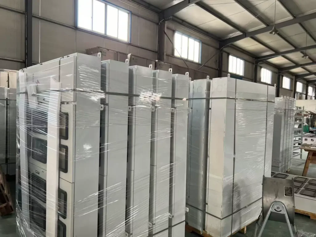 electrical enclosures packed for shipment in factory with bulk order ready for delivery