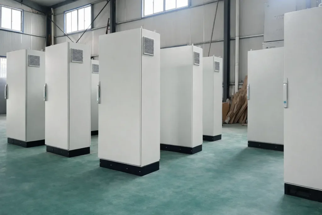 Floor standing electrical enclosures in factory ready for industrial application