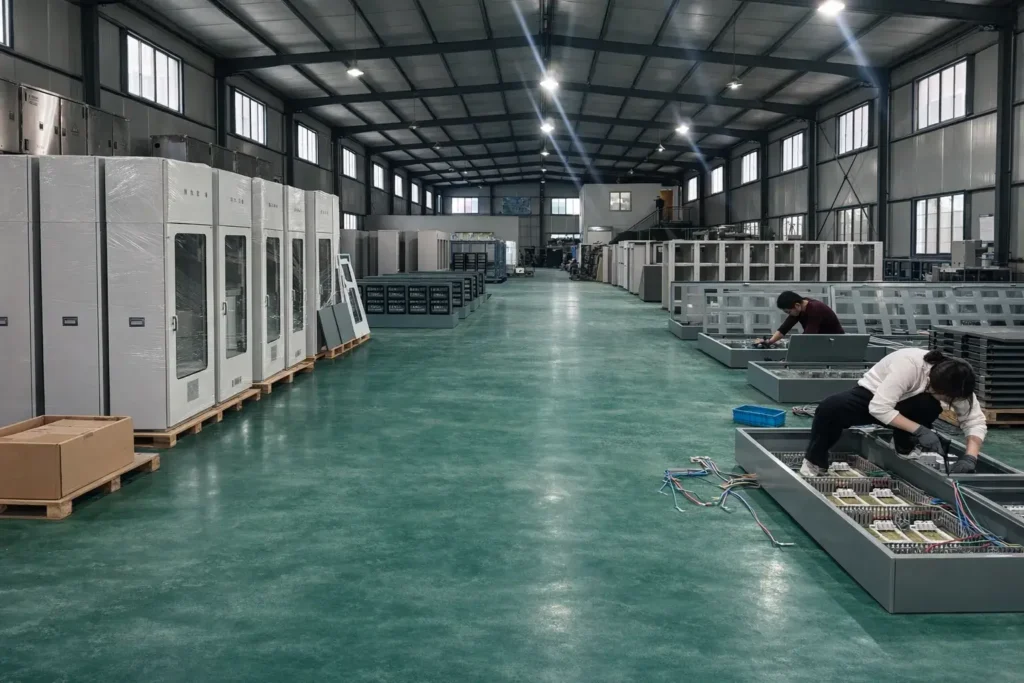 Electrical enclosure production workshop with assembly process and industrial cabinets