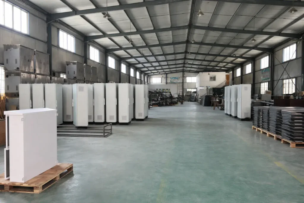 Floor standing electrical enclosures in factory ready for industrial application