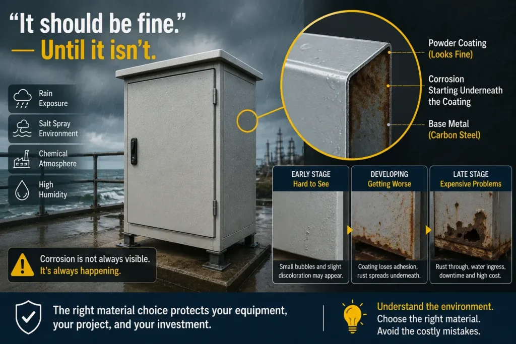 Outdoor electrical enclosure showing hidden corrosion caused by unsuitable material selection in a harsh environment