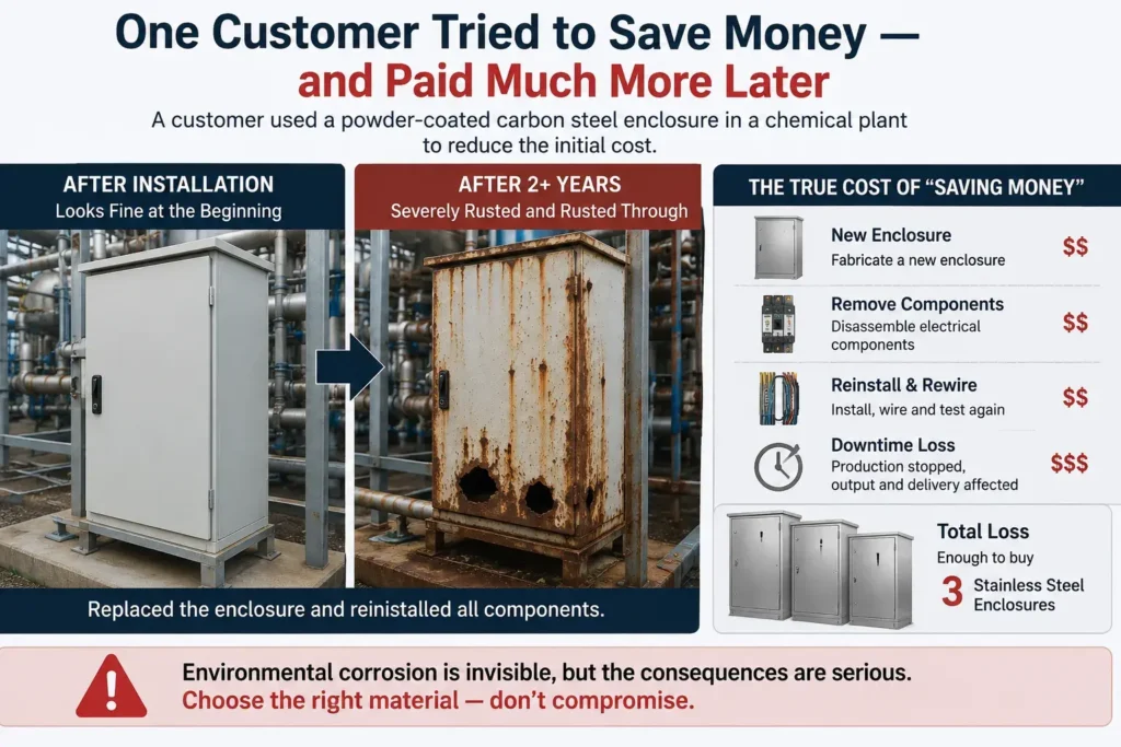 Powder-coated carbon steel electrical enclosure corroded after two years in a chemical plant, showing replacement and downtime costs.