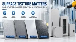 Powder-coated electrical enclosures with orange peel, sand, smooth and hammer texture surface finish samples