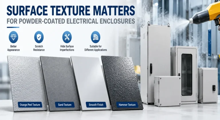 Powder-coated electrical enclosures with orange peel, sand, smooth and hammer texture surface finish samples